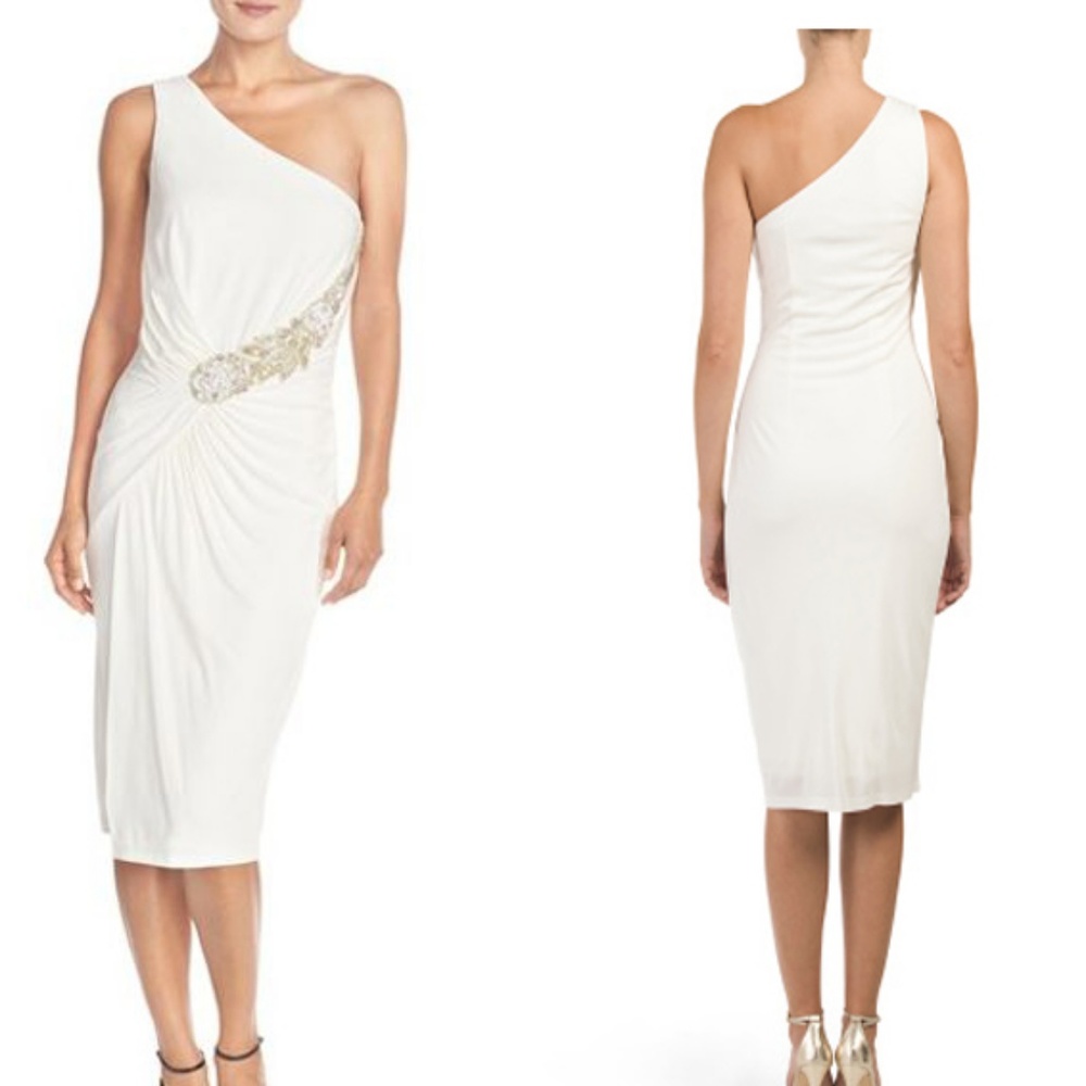 DAVID MEISTER One Shoulder Jeweled Grecian Dress